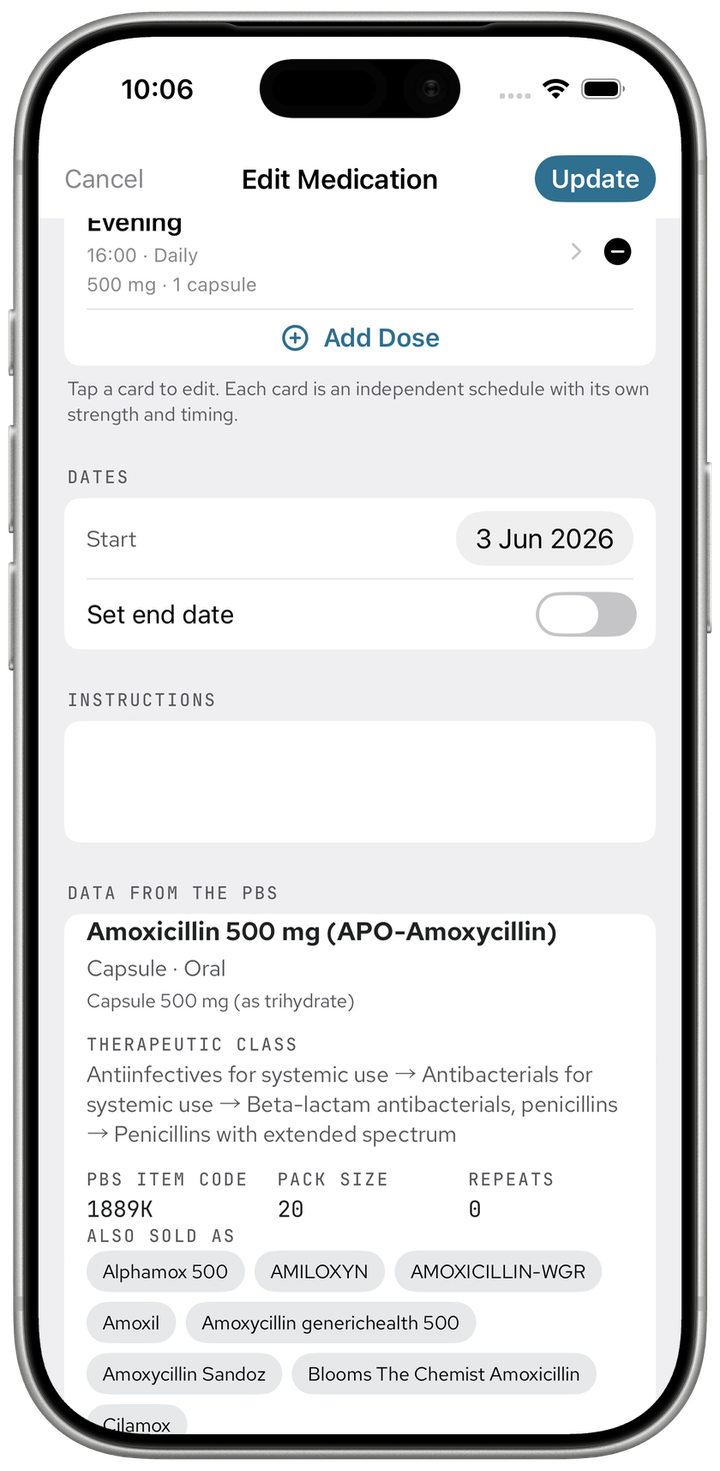 Edit Medication screen scrolled to the Dates section, showing the Start date set to 3 Jun 2026 and the Set end date toggle switched off, with the Data from the PBS panel below
