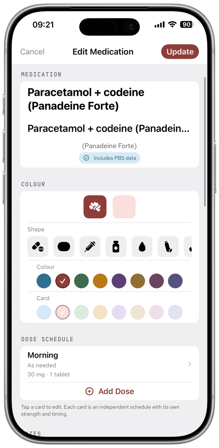 Edit Medication screen for Paracetamol + codeine (Panadeine Forte) showing the Includes PBS data badge under the name, the colour and shape pickers, and a dose schedule card