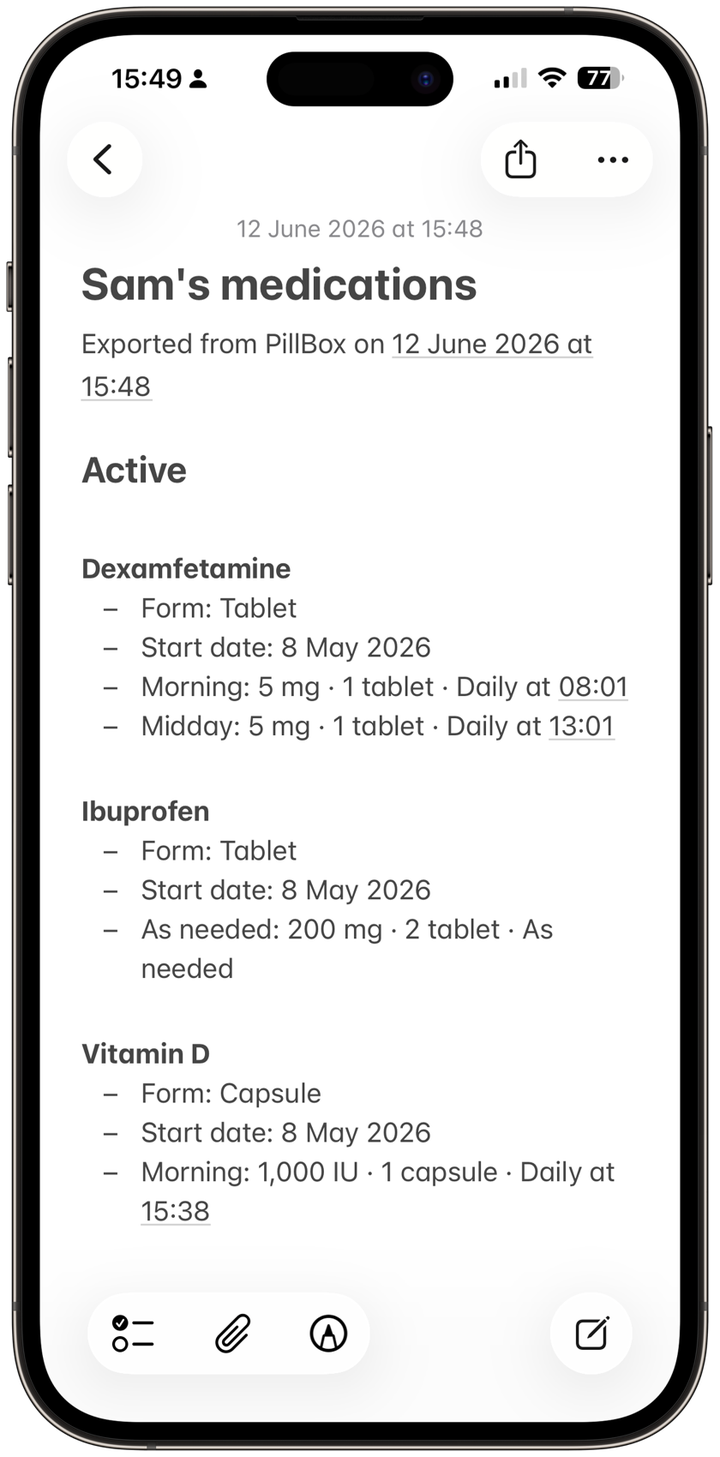 Exported medication list for Sam, showing Dexamfetamine, Ibuprofen, and Vitamin D with their forms, start dates, and schedules