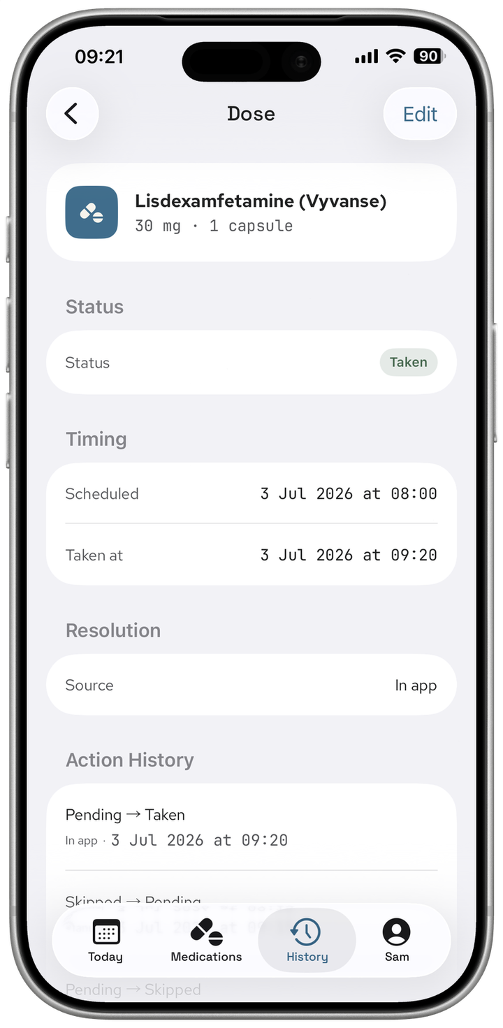 Dose detail screen showing status, timing, resolution source, and the action history for a taken dose