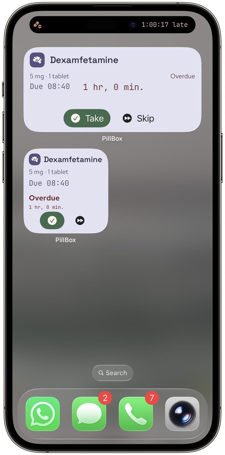 Home screen widget gallery showing the medium PillBox widget — Dexamfetamine, 5 mg and 1 tablet, Due 08:40, an overdue count of 1 hr 0 min, and Take and Skip buttons — and the small widget with the same details in a compact layout, with the Dynamic Island timer visible at the top of the screen