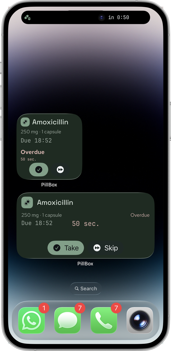 Home screen showing a PillBox Dynamic Island at the top reading "in 0:50" while two PillBox widgets below — a small and a medium — both show the same Amoxicillin dose as red Overdue with "50 sec" elapsed and Take/Skip buttons. The widgets have refreshed correctly; the Dynamic Island has not.