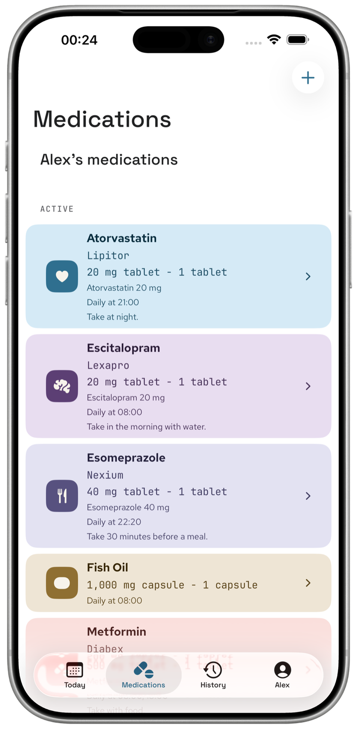 Medications tab showing Alex's medications — Atorvastatin (Lipitor), Escitalopram (Lexapro), Esomeprazole (Nexium), Fish Oil, and Metformin (Diabex) — with instruction notes shown on the cards