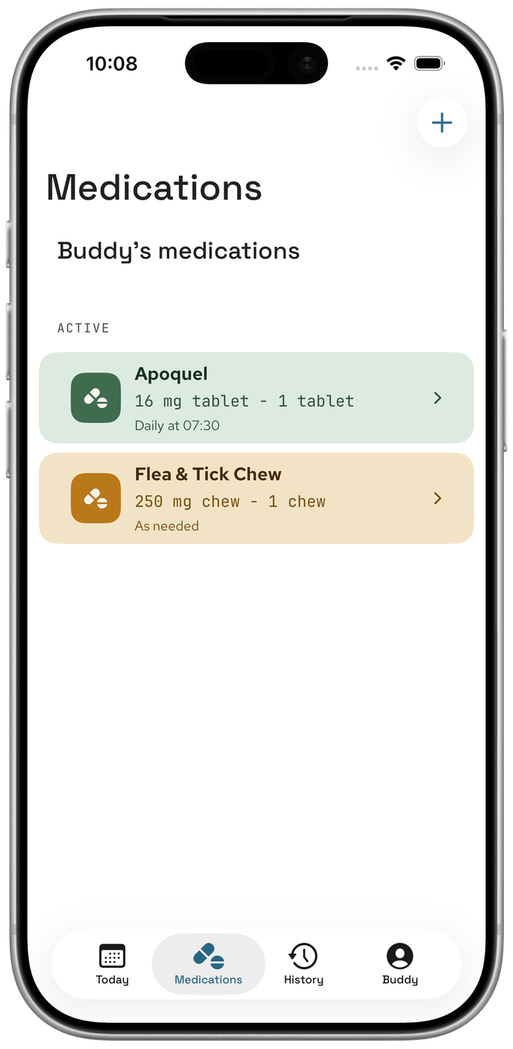 Medications tab showing Buddy's two medications: Apoquel 16 mg daily at 07:30, and a Flea & Tick Chew as needed