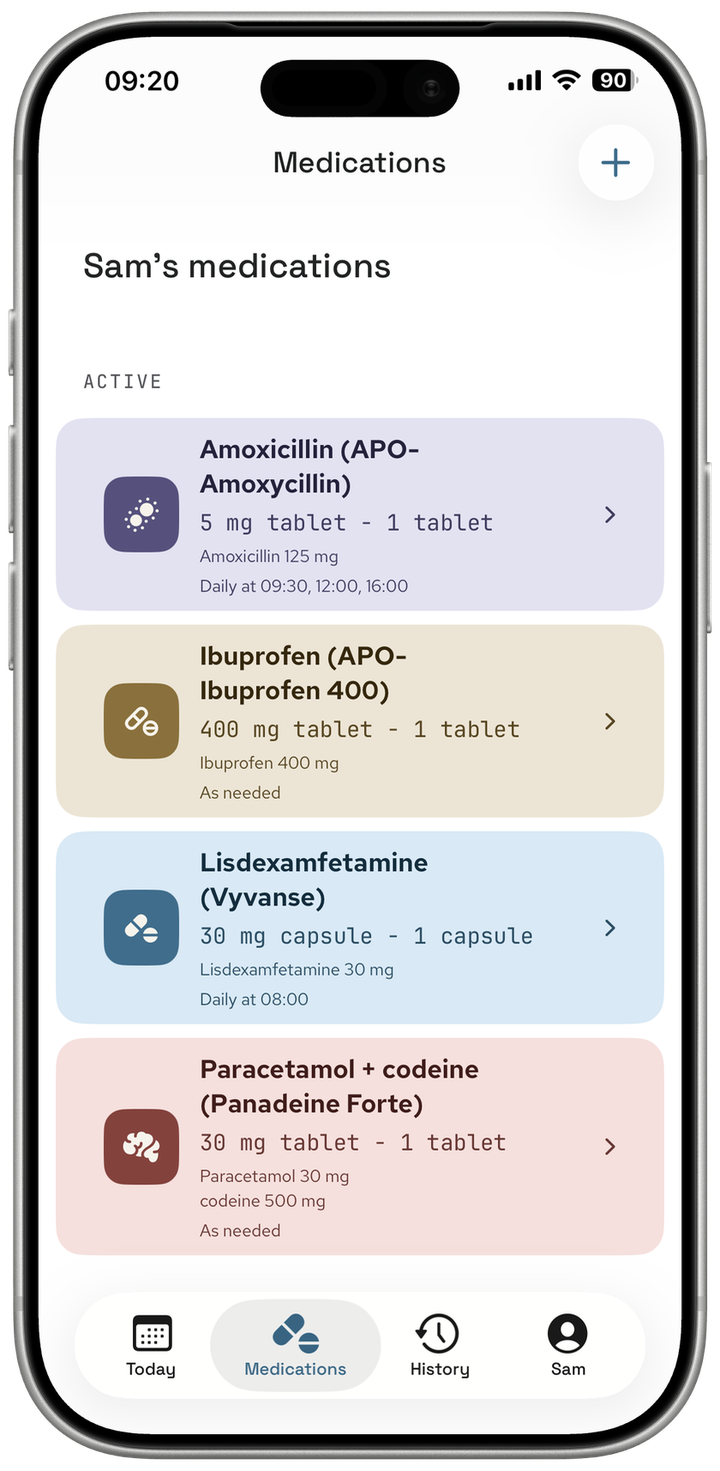 Medications tab showing Sam's active medications — Amoxicillin (APO-Amoxycillin), Ibuprofen, Lisdexamfetamine (Vyvanse), and Paracetamol + codeine (Panadeine Forte) — each with its colour, strength, and schedule