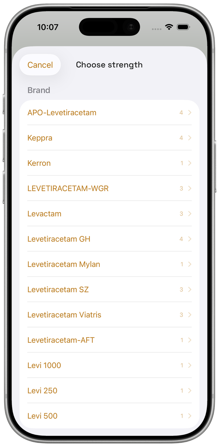 The Choose strength sheet for levetiracetam showing its many brands — APO-Levetiracetam, Keppra, Kerron and more — each with a count of available strengths