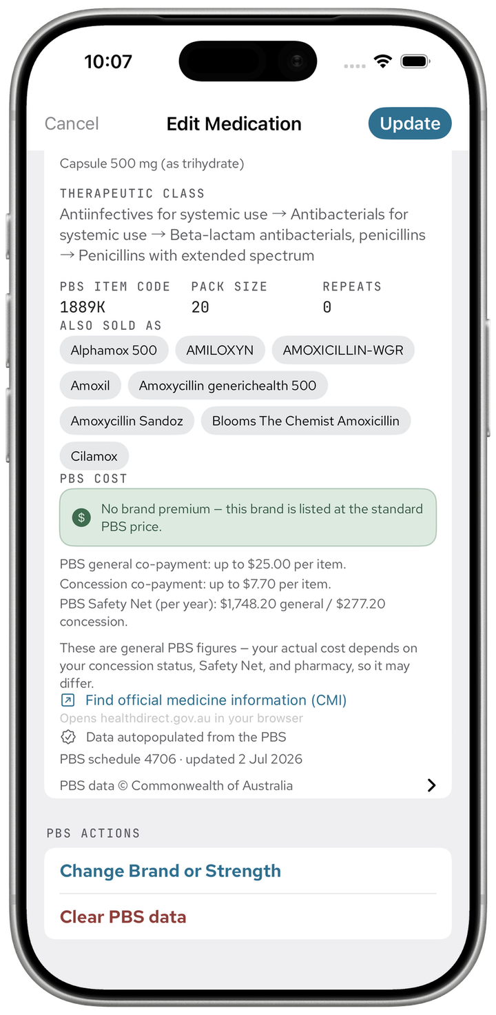 The bottom of the medicine-data panel showing the cost note, general co-payment figures, the CMI link, the schedule date, and the "PBS data © Commonwealth of Australia" attribution line that expands to show both the PBS and AMT/SNOMED notices