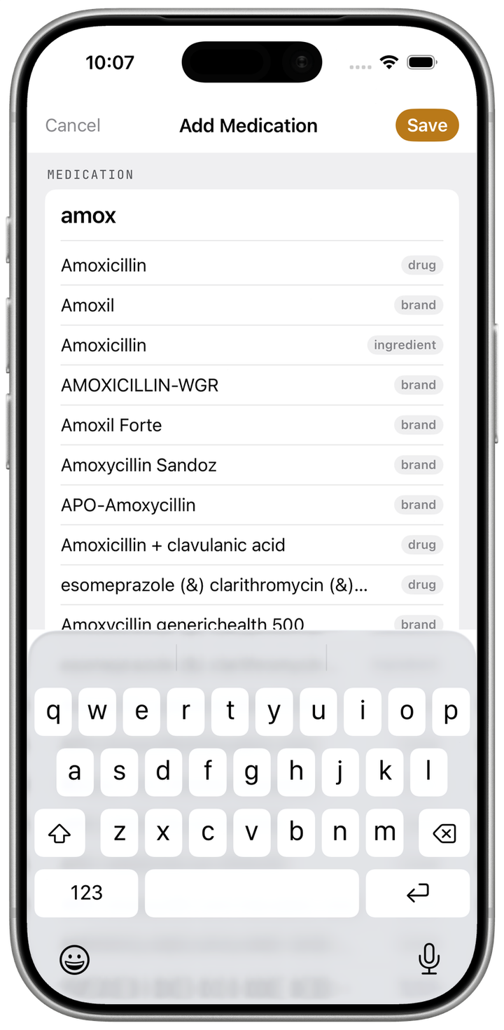 Add Medication screen with "amox" typed in the name field and PBS suggestions listed below — medicine names, brands, and ingredients each labelled by match type