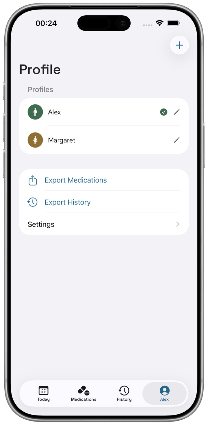Profile tab showing two profiles, Alex and Margaret, with Alex active, plus Export Medications, Export History, and Settings options