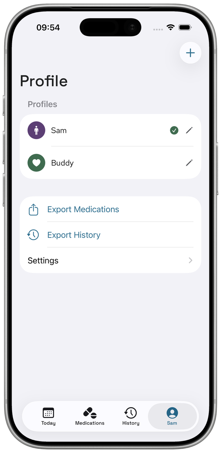 Profile tab showing Sam as the active profile with a green tick, and Buddy below — plus Export Medications, Export History, and Settings options