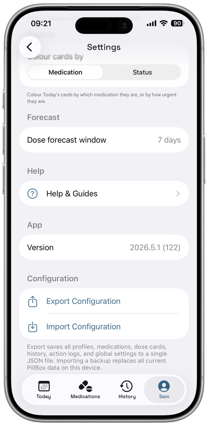 Settings screen showing the Configuration section with Export Configuration and Import Configuration options