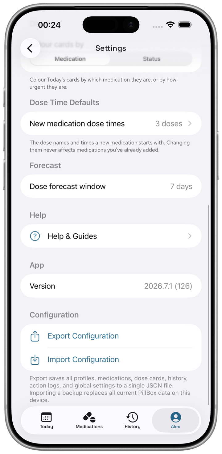 Settings screen showing the Dose Time Defaults section with New medication dose times set to 3 doses, above the Forecast, Help, and Configuration sections