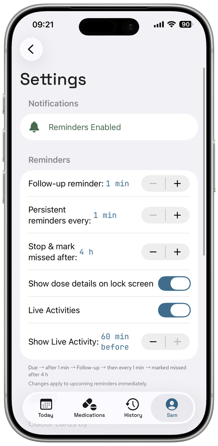PillBox Settings showing the Reminders Enabled banner and reminder timing controls