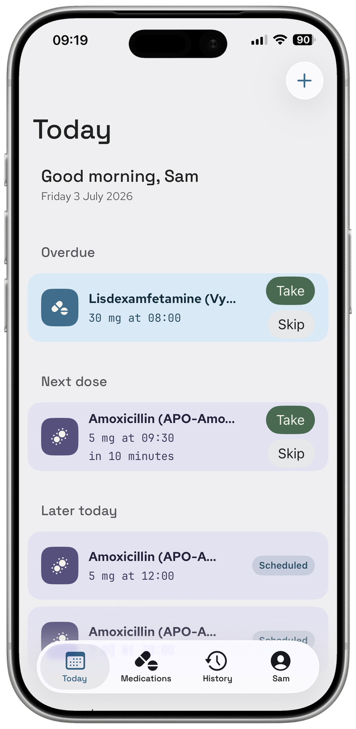 Today view showing an overdue dose at the top with Take and Skip buttons, the next dose below it, and later doses further down