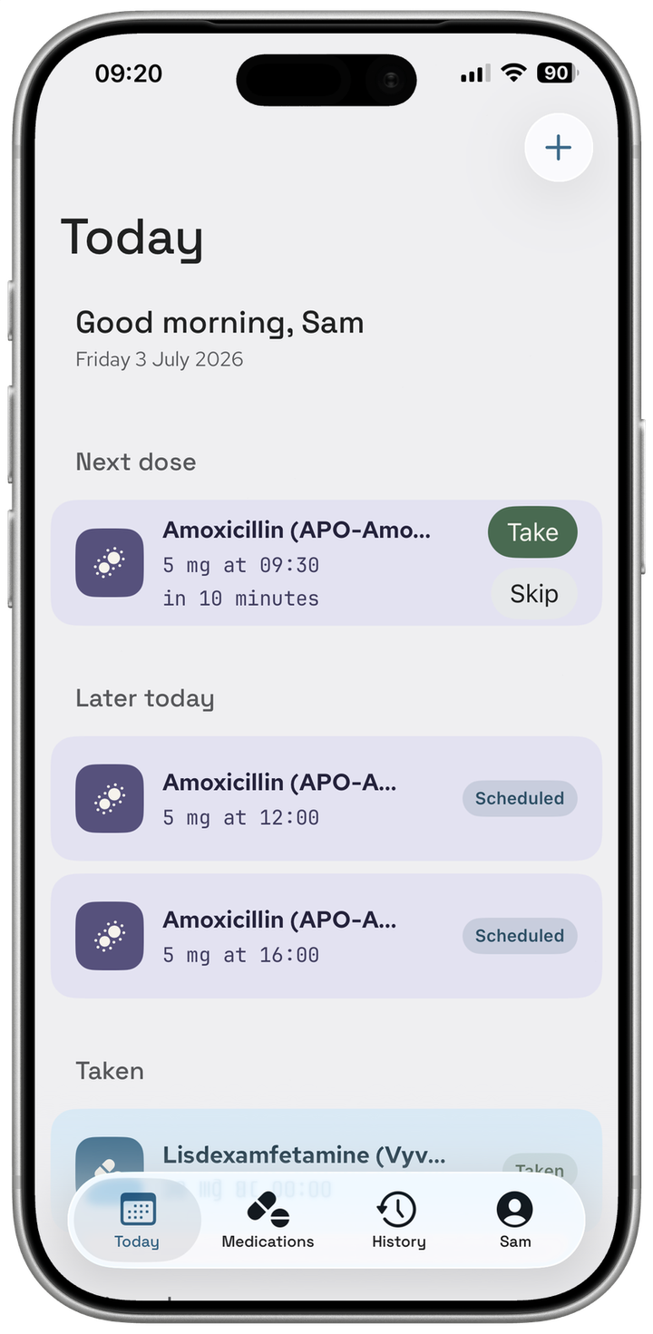 Today view after taking a dose — it has moved down into the Taken section, with the next dose now at the top