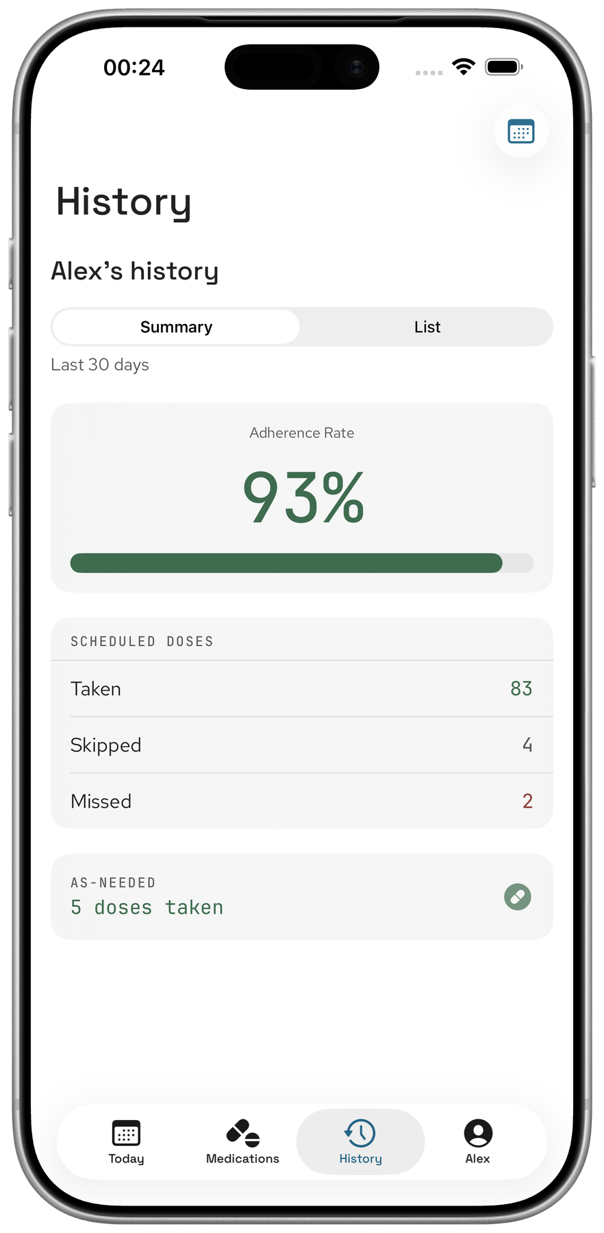 PillBox history summary showing 93% adherence with taken, skipped, and missed counts