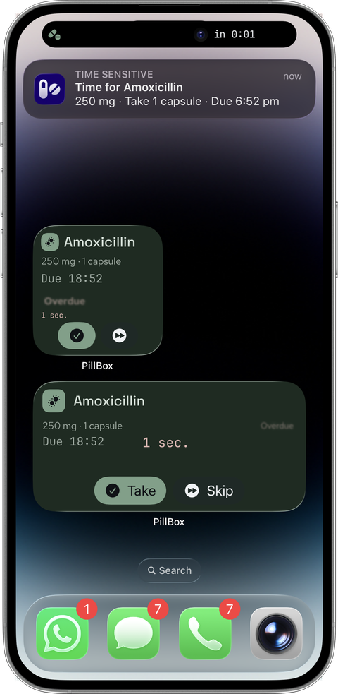 Silver iPhone showing a follow-up Time-Sensitive reminder above PillBox widgets with the overdue dose and Take and Skip buttons