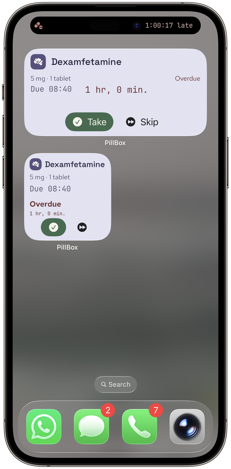 PillBox home-screen widgets in medium and small sizes showing an overdue dose, each with Take and Skip buttons